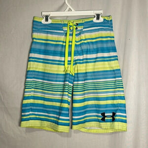 Under Armour heat gear blue green white striped shorts size 26 loose